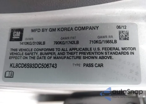 2013 Chevrolet Spark 1Lt Auto from USA, damaged, VIN KL8CD6S93DC506743